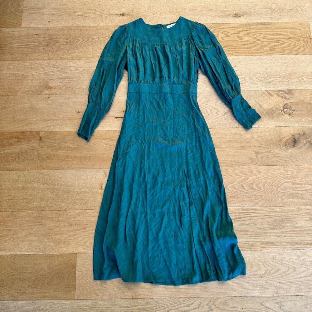 Topshop - Fallen Long Sleeve Jacquard  Midi Dress in Green